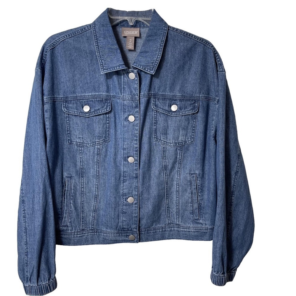 NWT Chico’s Chambray Crop Jacket Denim Cove Blue Lightweight Button Front 12/14